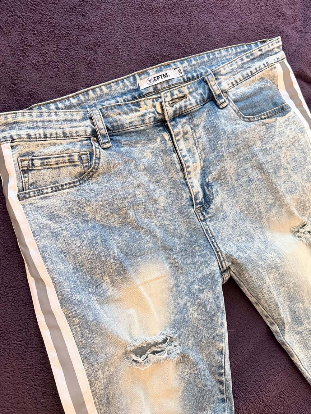 EPTM Acid Wash Distressed Skinny Jeans with Side Stripes Size 38